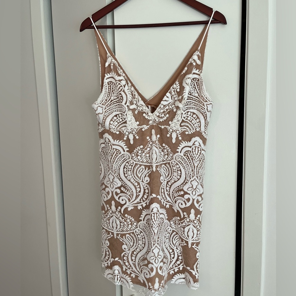 Free People Women Size 8 Dress Lace Night Shimmers White Sequin Ivory Lining